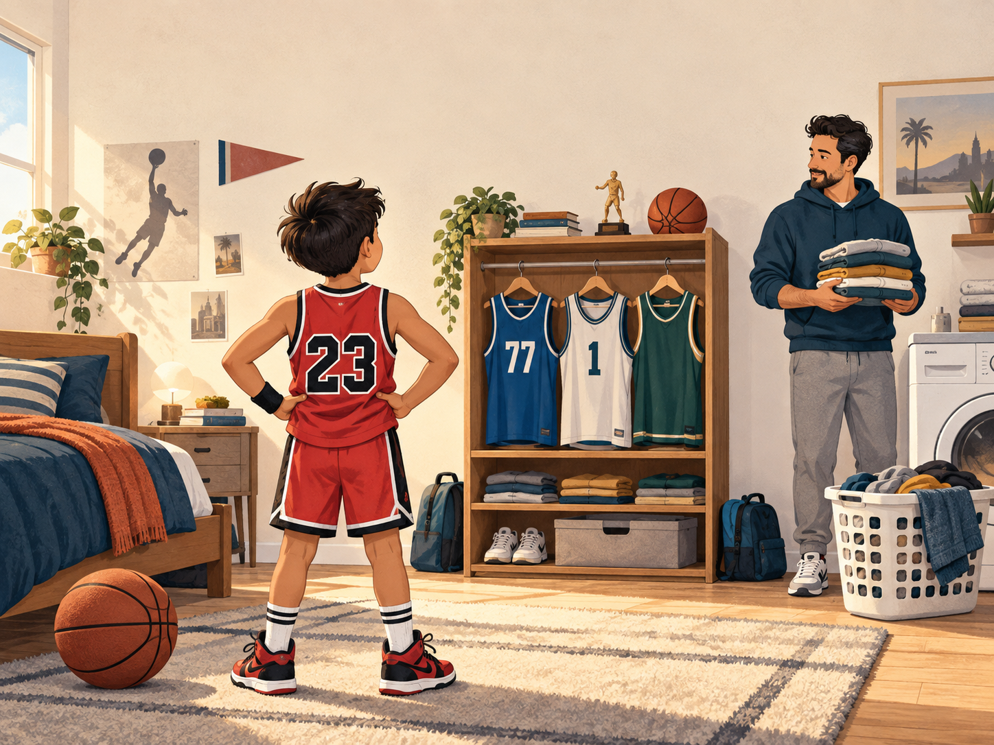 Niño con su uniforme favorito de Michael Jordan frente a otras prendas deportivas.