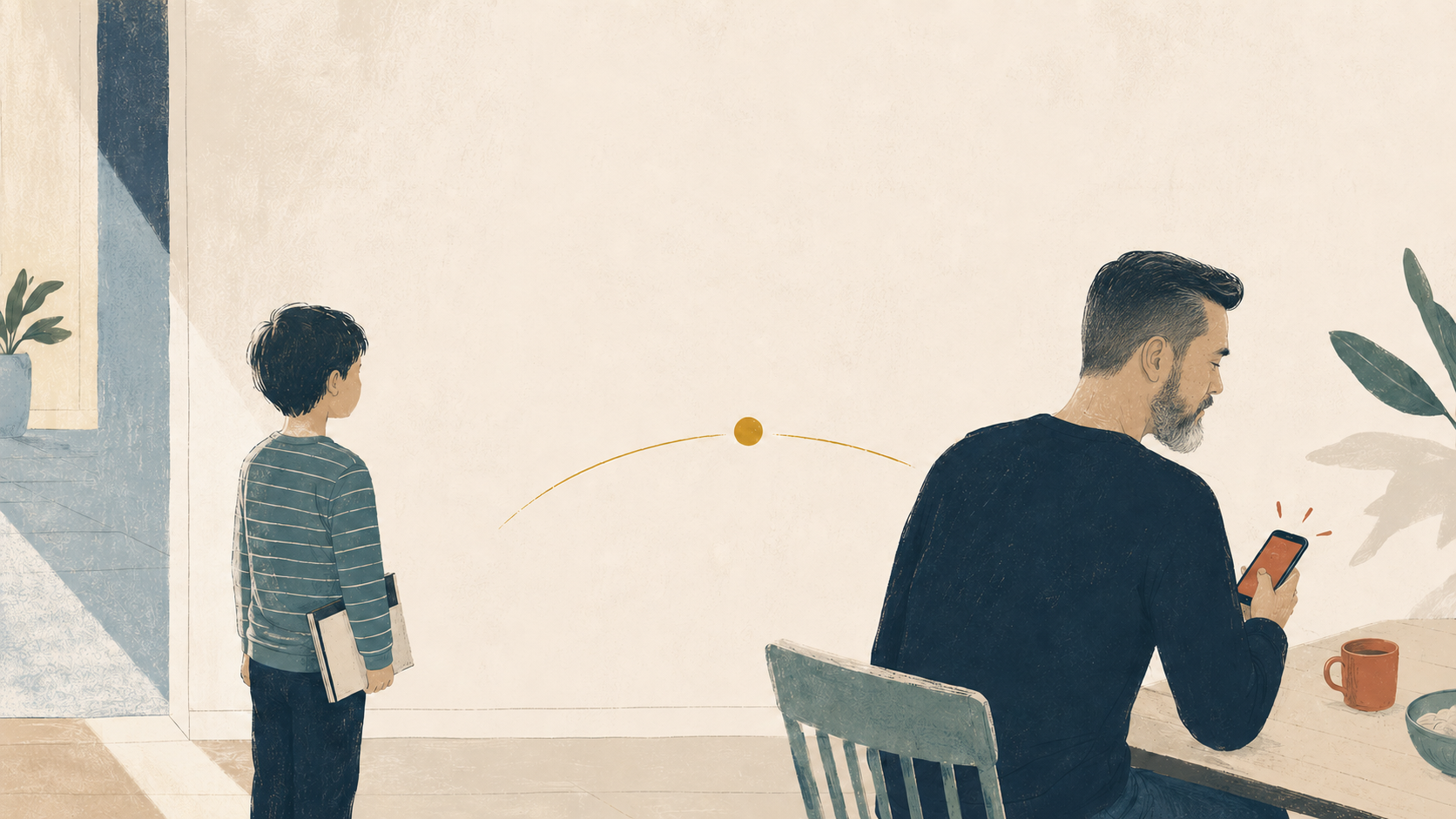 Ilustración de un niño esperando hablar con su papá mientras él atiende un correo en la computadora.