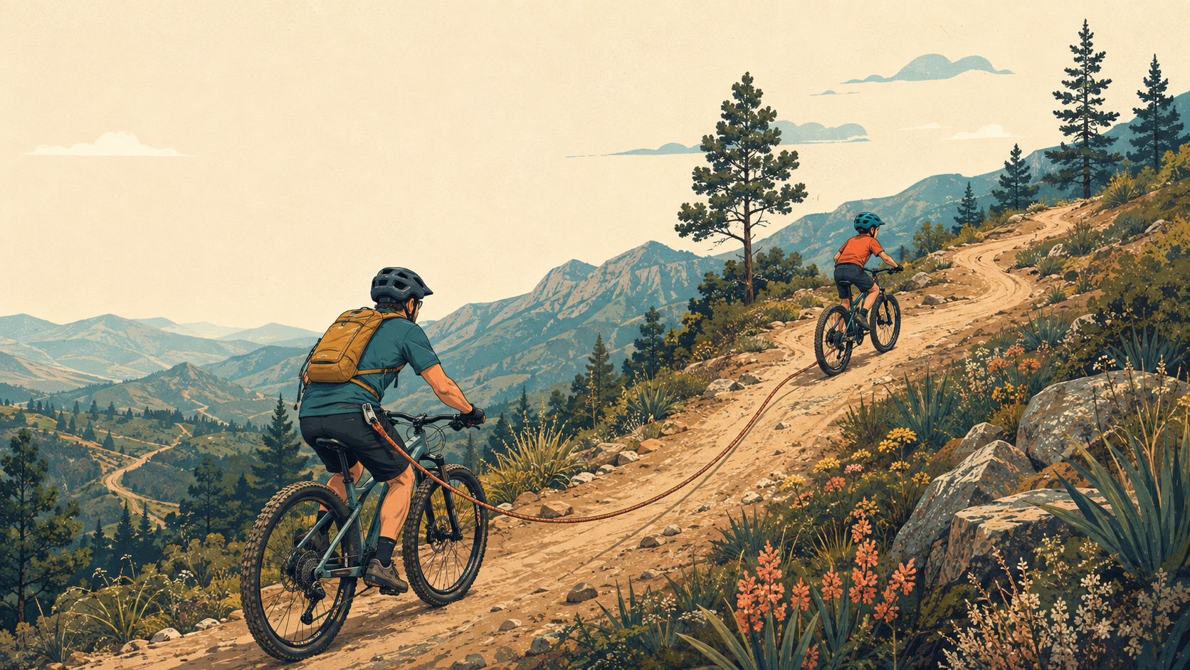 Papá e hijo avanzan en bicicleta de montaña durante una rodada.