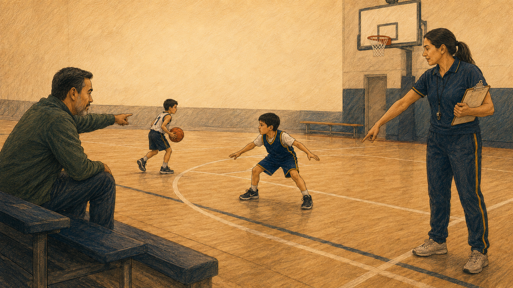 Ilustración de padre dando indicaciones desde la grada mientras su hijo ocupa la posición defensiva asignada por su entrenadora durante un partido de básquetbol.