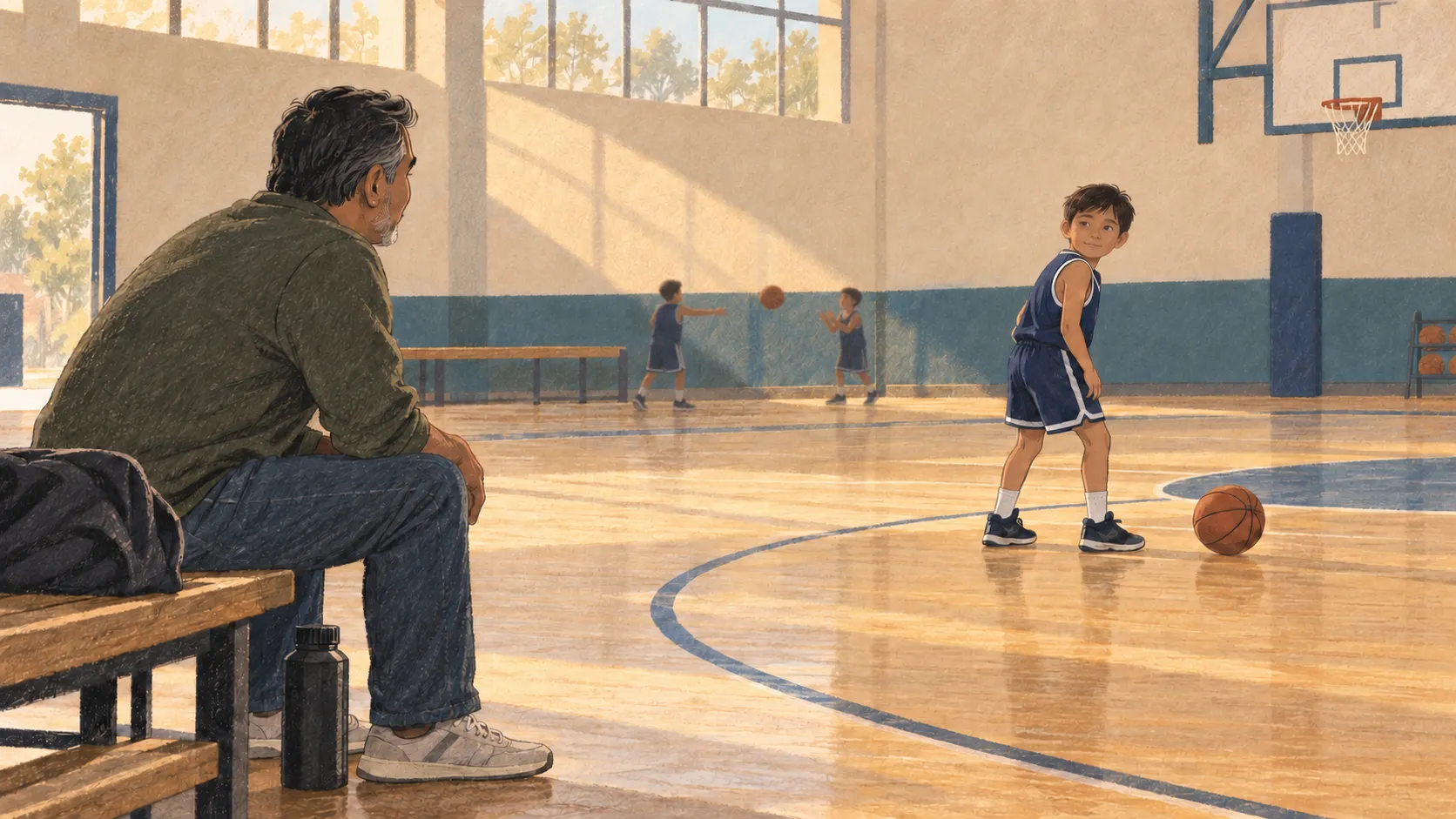Ilustración de niño basquetbolista voltea hacia su papá durante un entrenamiento de equipo.
