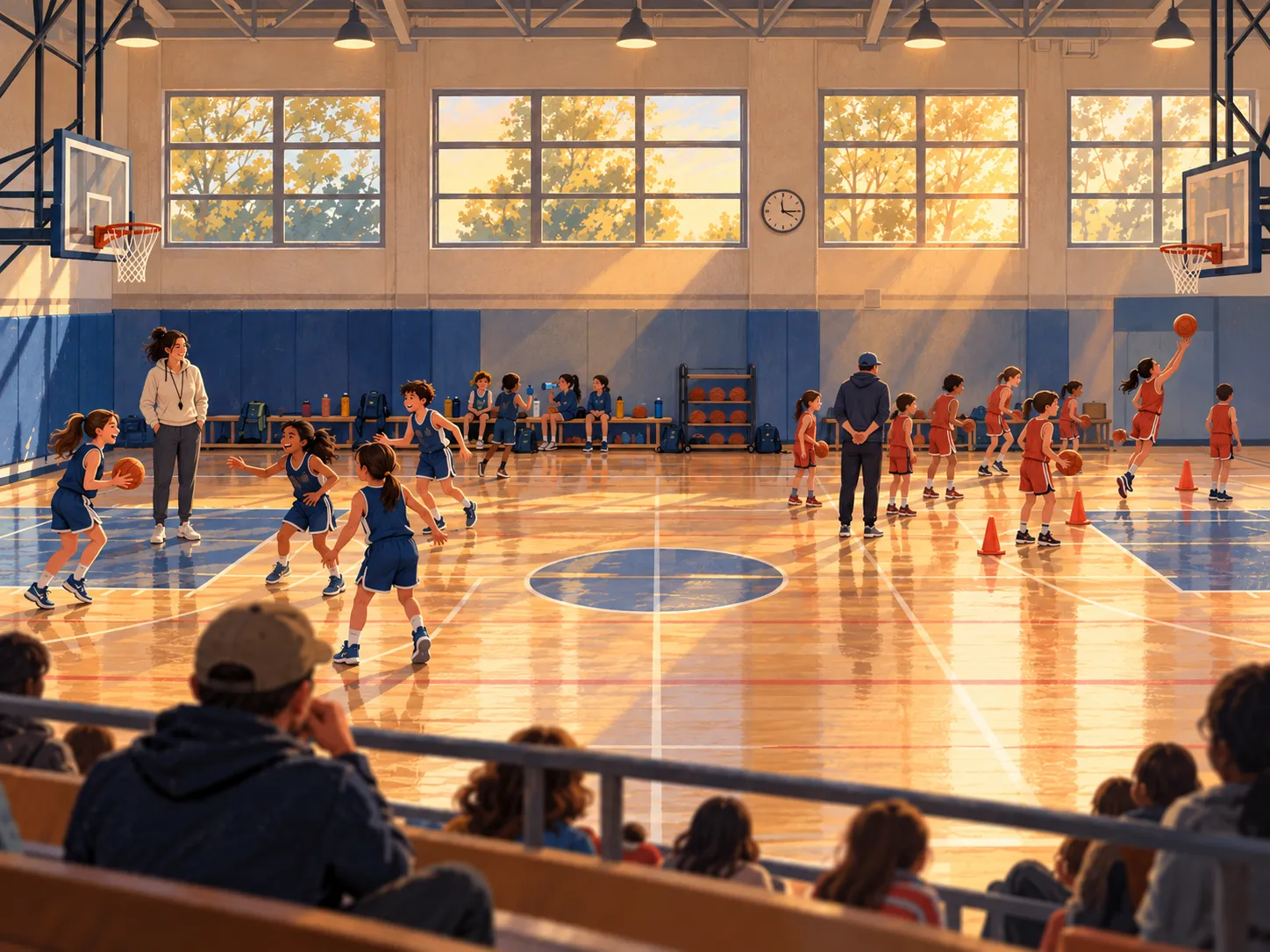 Equipo infantil juega libremente durante el medio tiempo mientras otro practica tiros y un padre observa desde las gradas.