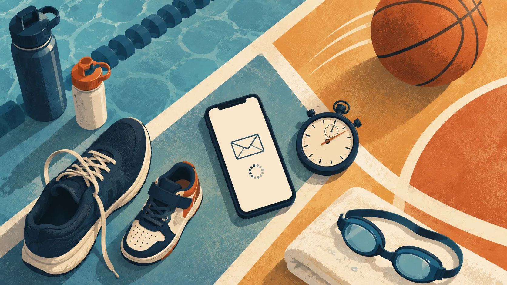 Ilustración composición cenital con un teléfono en espera, un cronómetro, un balón de básquetbol y goggles junto al calzado de un padre y su hijo