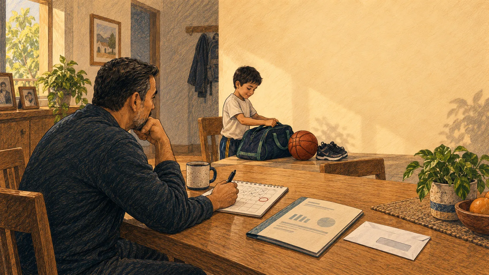 Ilustración papá mayor de 50 agenda una cita médica mientras su hijo prepara su equipo de basquetbol.